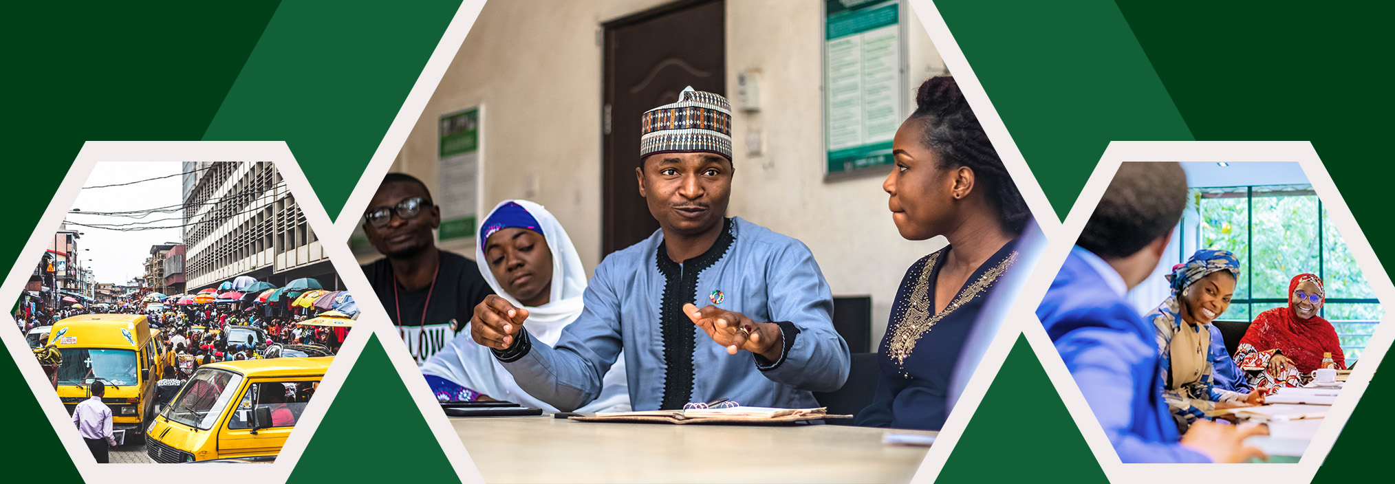 Hexagon frame shows two people smiling at each other, surrounded by a busy city street scene with crowds and vehicles.