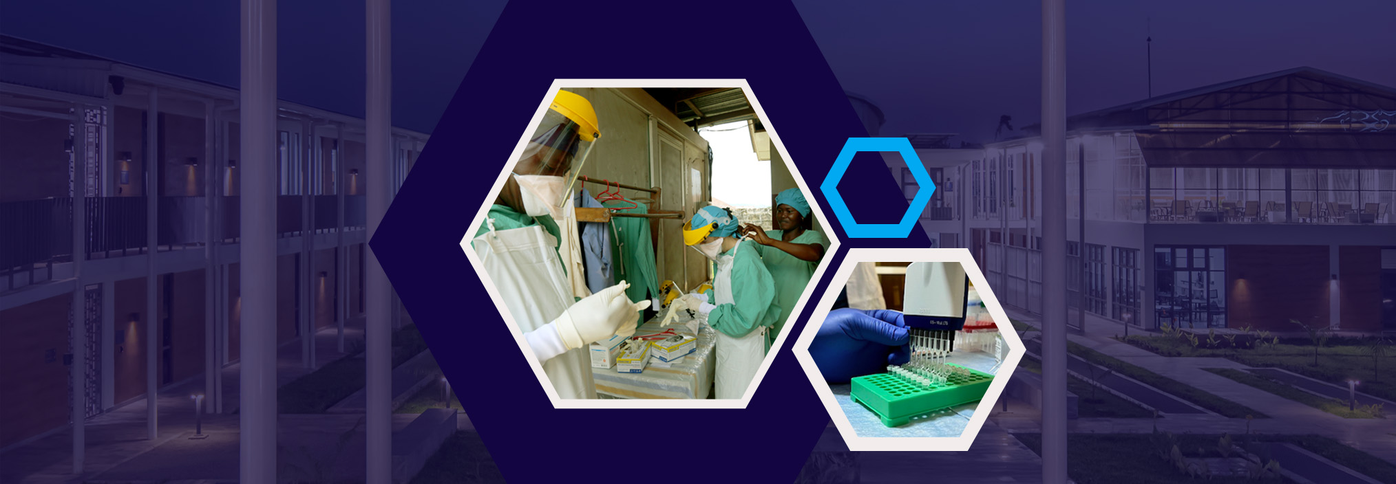 Healthcare workers in PPE conduct testing, and a gloved hand holds a pipette over lab equipment, on a blue hexagonal background.
