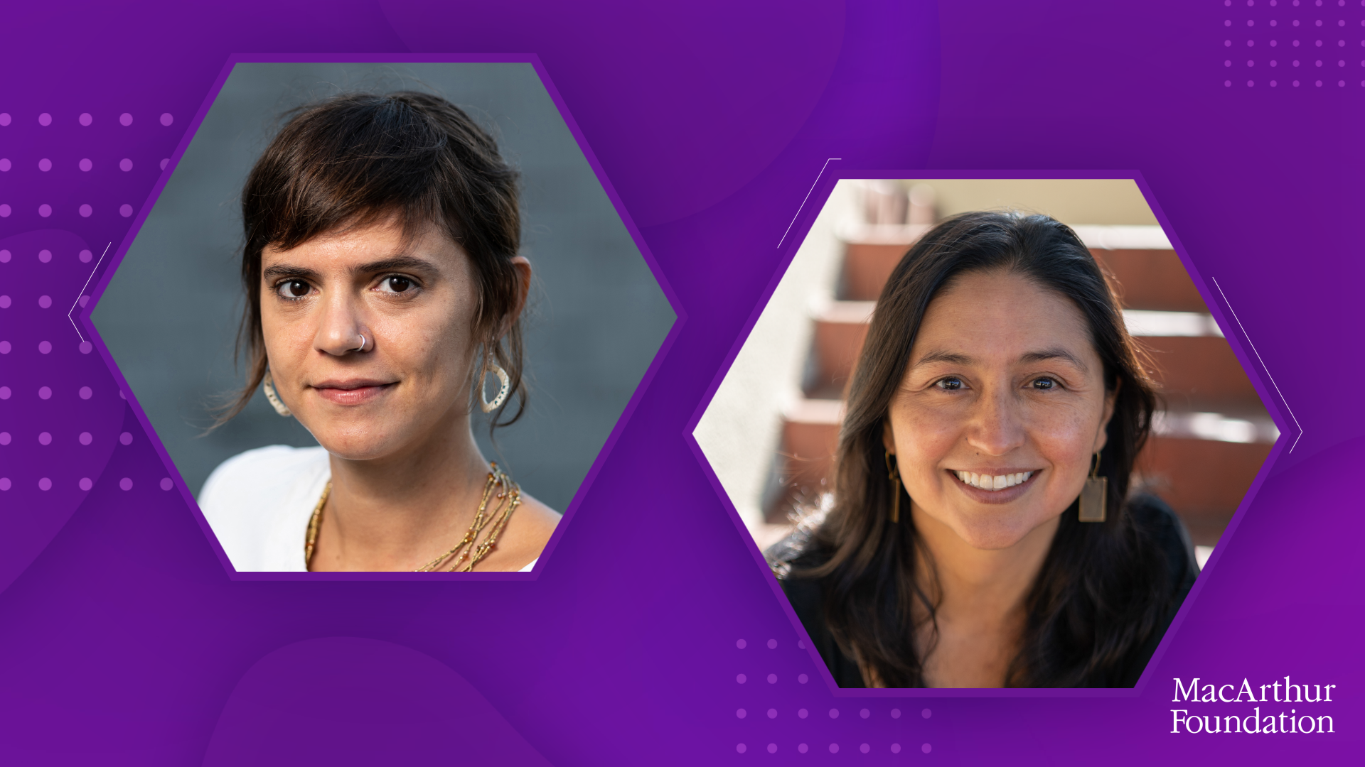 Portraits of Valeria Luiselli and Cristina Ibarra on a purple graphic background with MacArthur Foundation logo.
